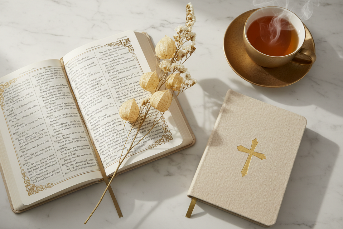 Open Bible with soft light and the words Finding Peace in His Promises