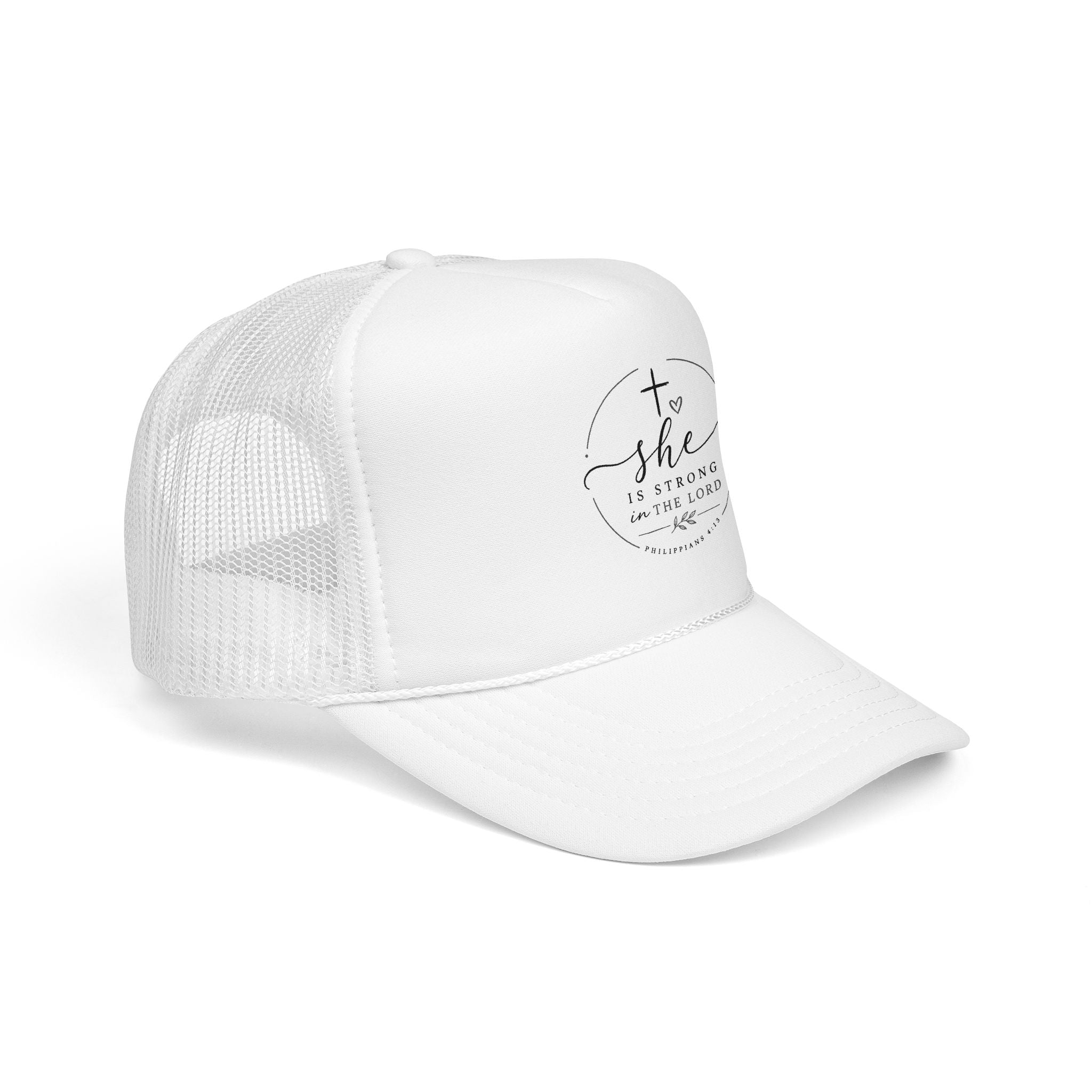 She Is Strong In The Lord Foam Trucker Hat | Christian Faith Mesh Cap