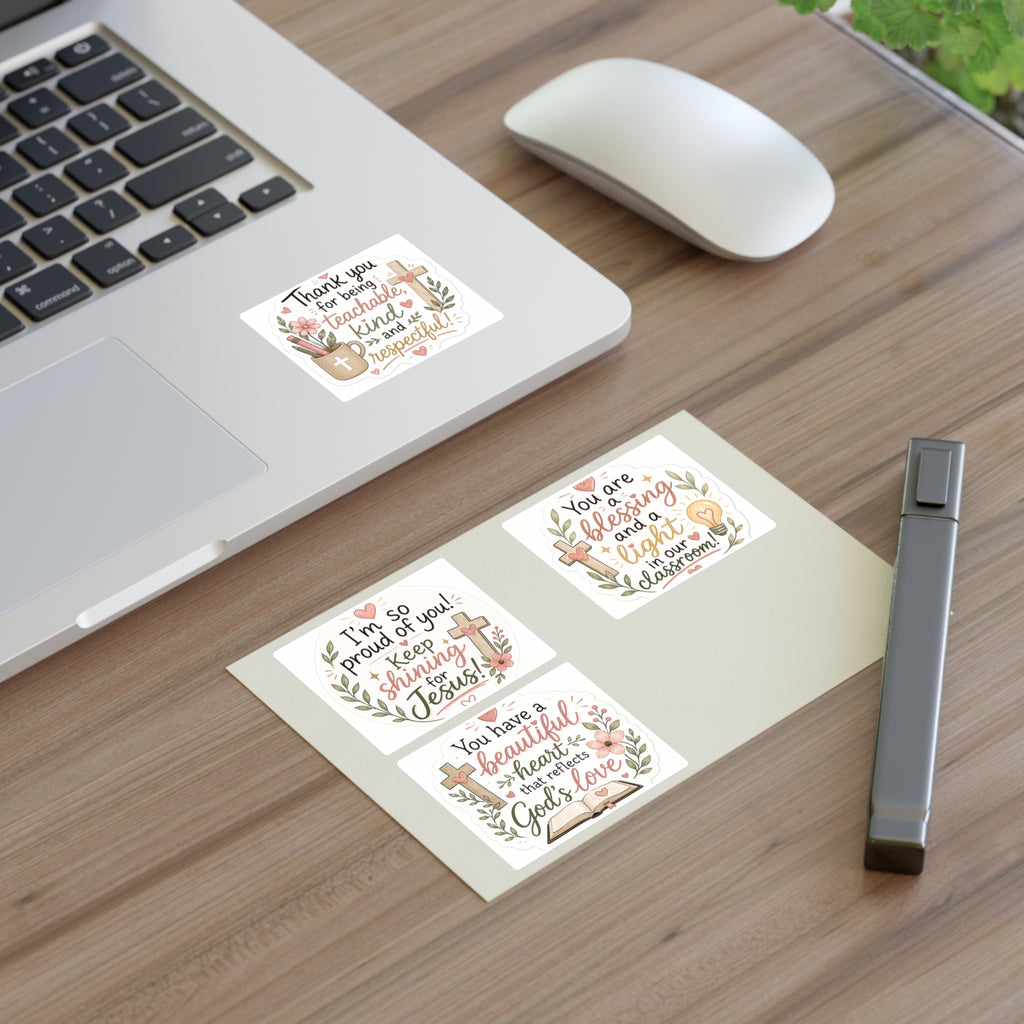 Christian encouragement sticker sheet with uplifting faith phrases and icons, matte laminated vinyl finish.