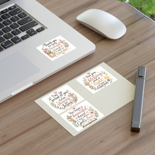 Christian encouragement sticker sheet with uplifting faith phrases and icons, matte laminated vinyl finish.