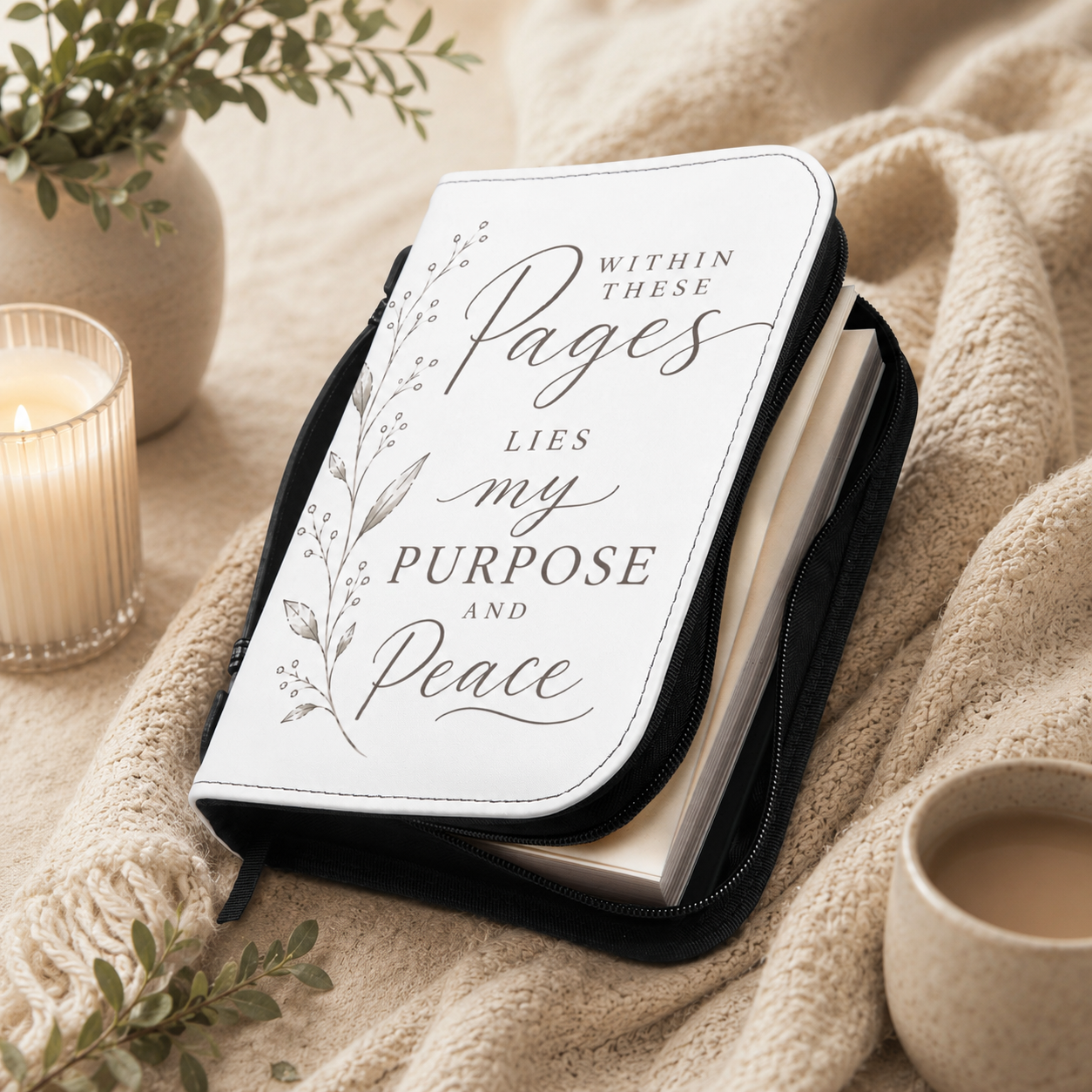 Within These Pages Lies My Purpose and Peace Bible Cover | Floral Scripture Zipper