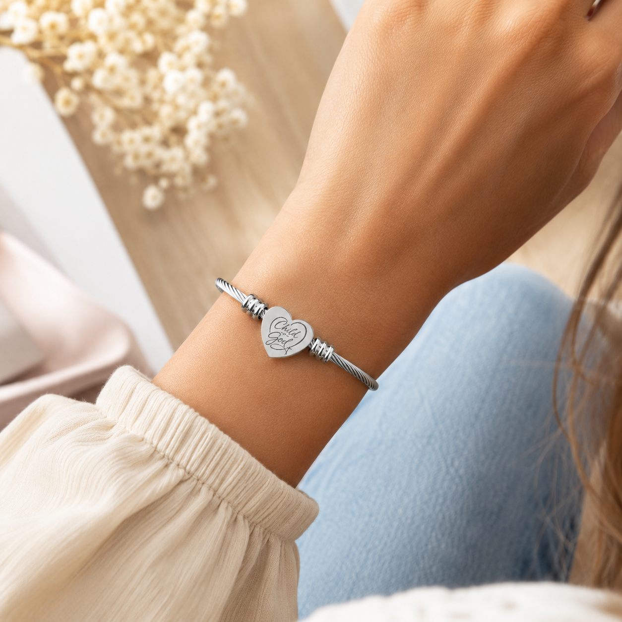 Child of God Heart Cuff Bracelet — Personalized Silver Cable Bangle for Gifts & Anniversaries