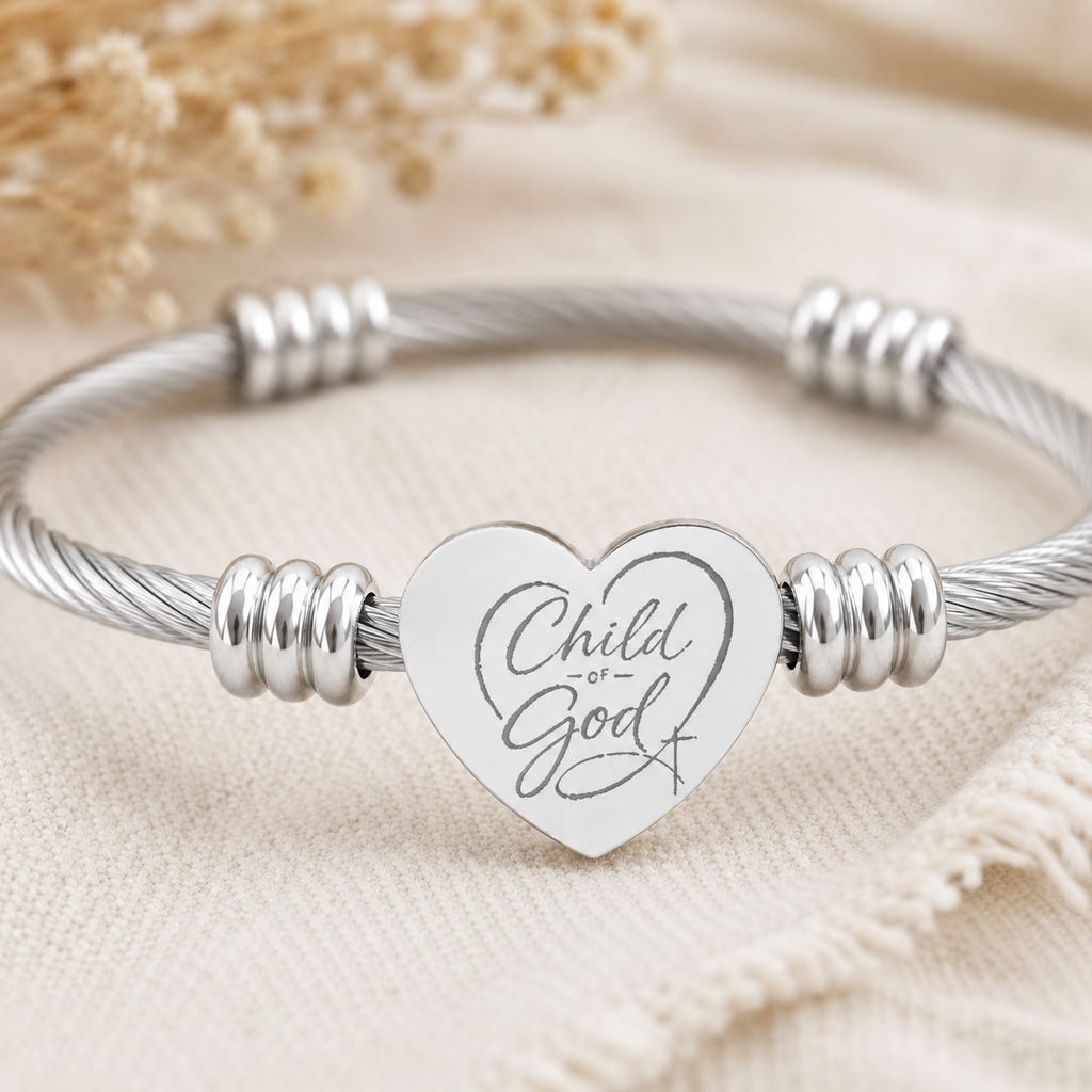 Child of God Heart Cuff Bracelet — Personalized Silver Cable Bangle for Gifts & Anniversaries