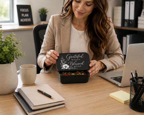 "Grateful Heart. Blessed Meal." Bento Lunch Box | Floral Faith Gift with Utensils