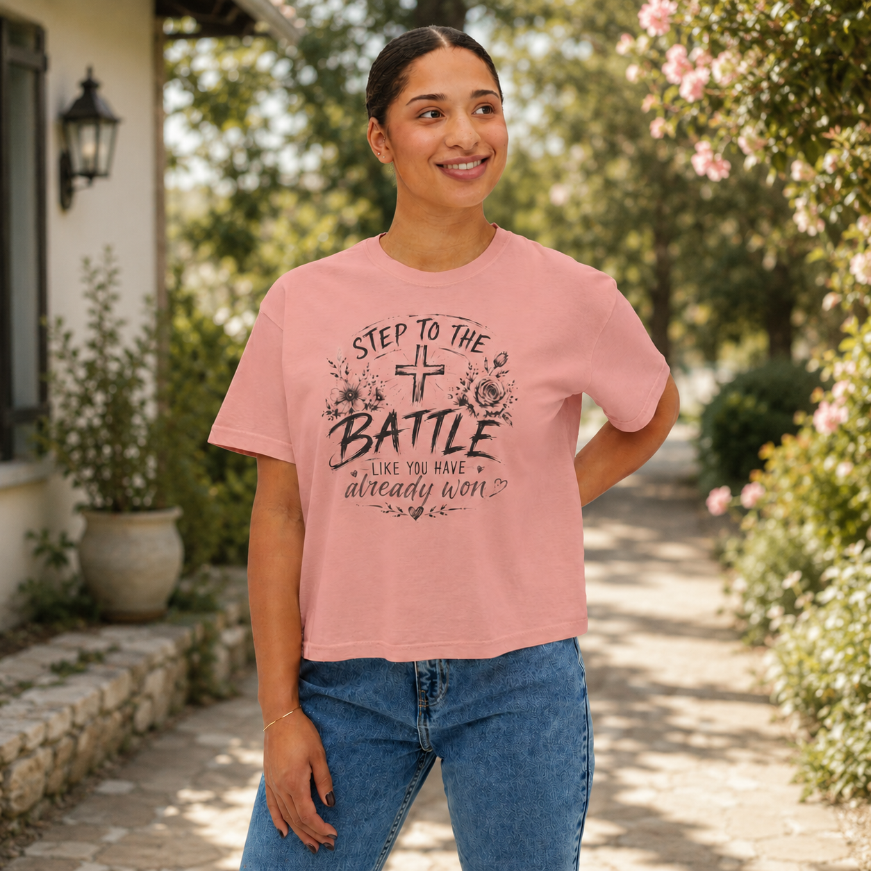 Step to the Battle like You Have Already Won Tee | Christian cross floral design