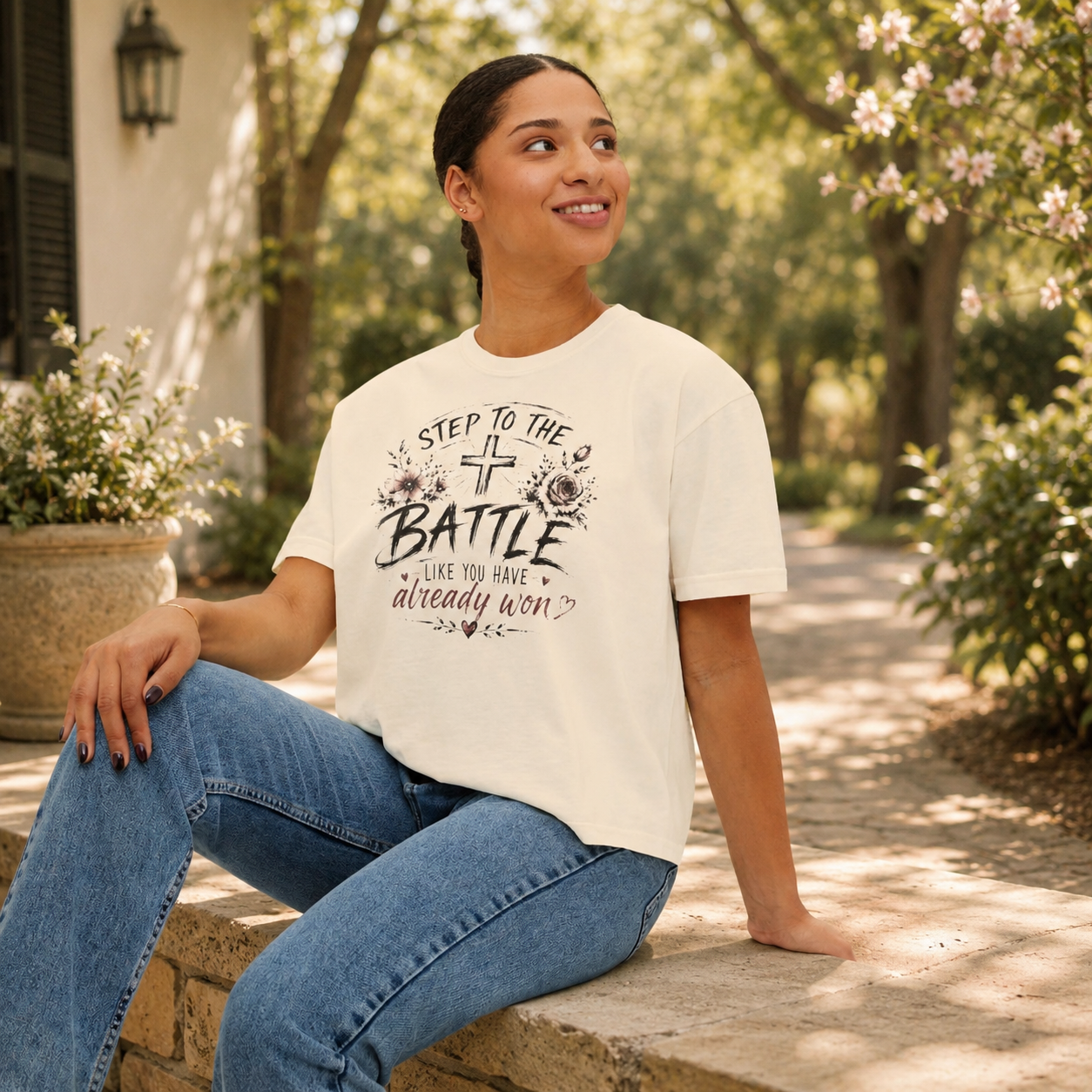 Step to the Battle like You Have Already Won Tee | Christian cross floral design