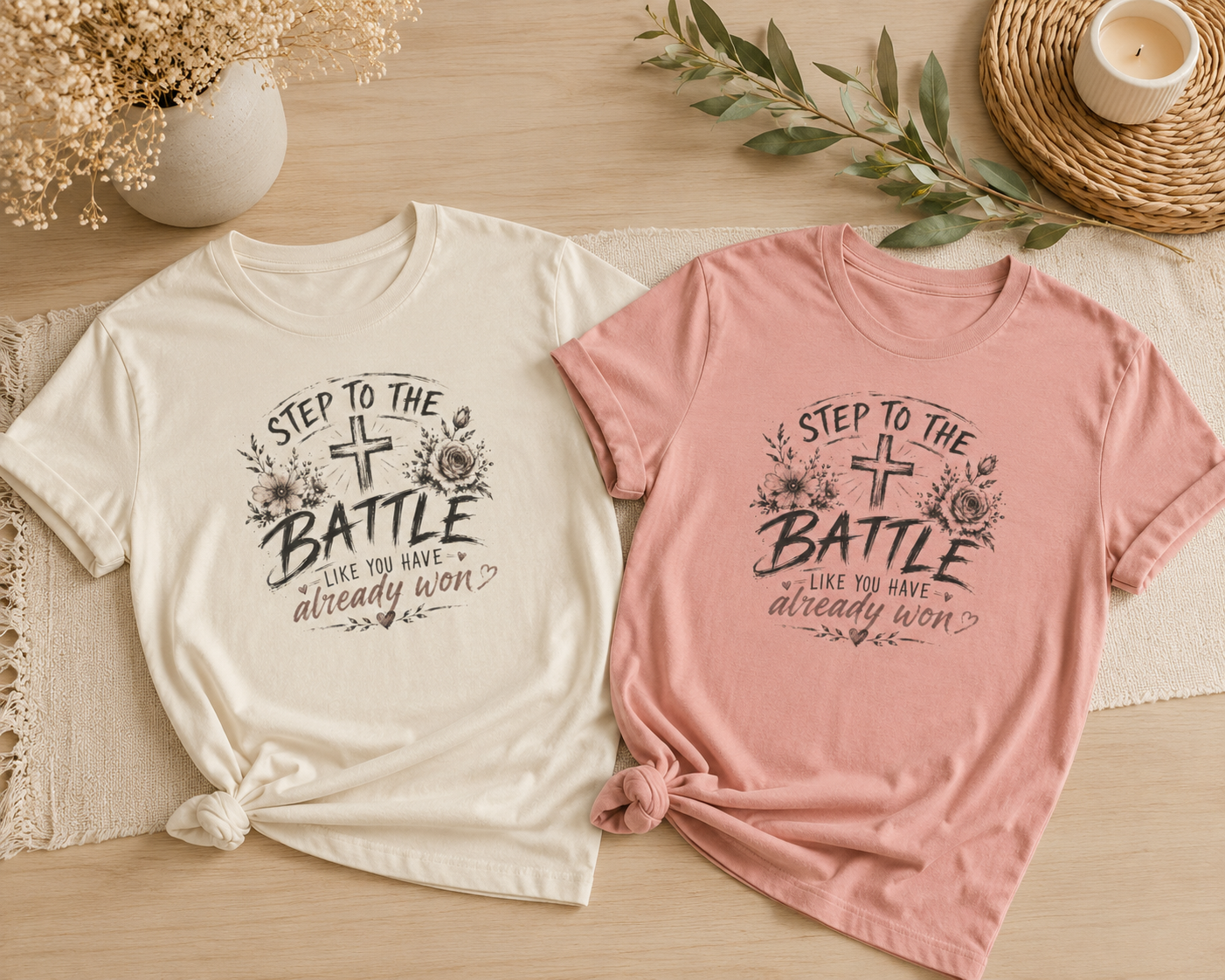 Step to the Battle like You Have Already Won Tee | Christian cross floral design