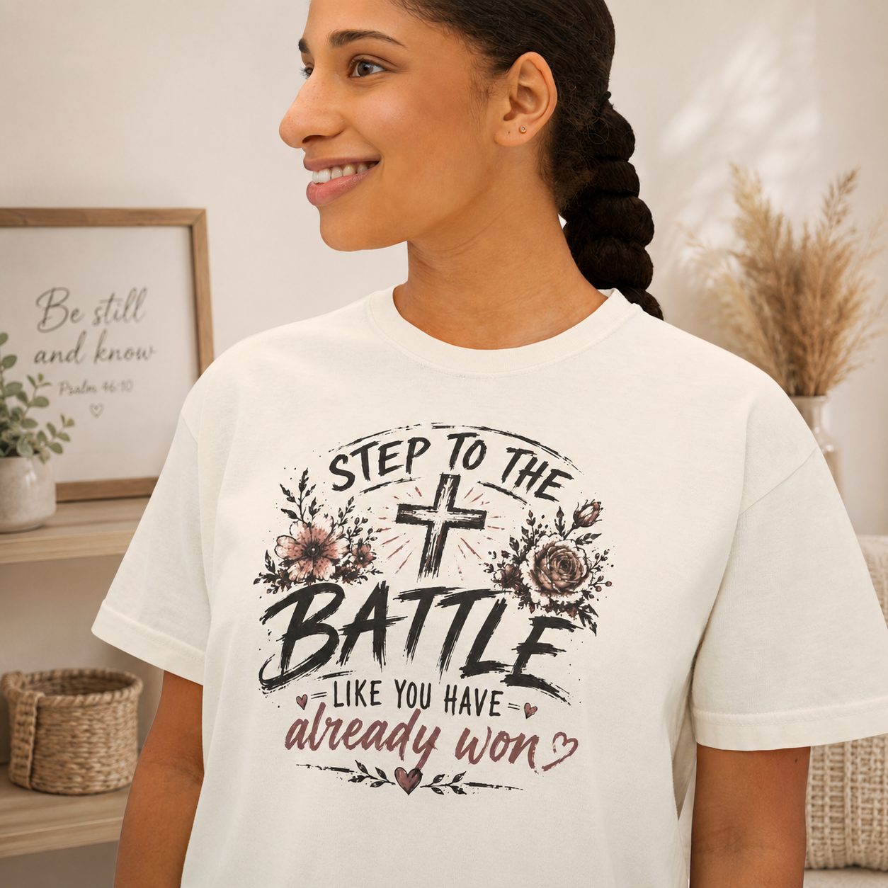 Step to the Battle like You Have Already Won Tee | Christian cross floral design