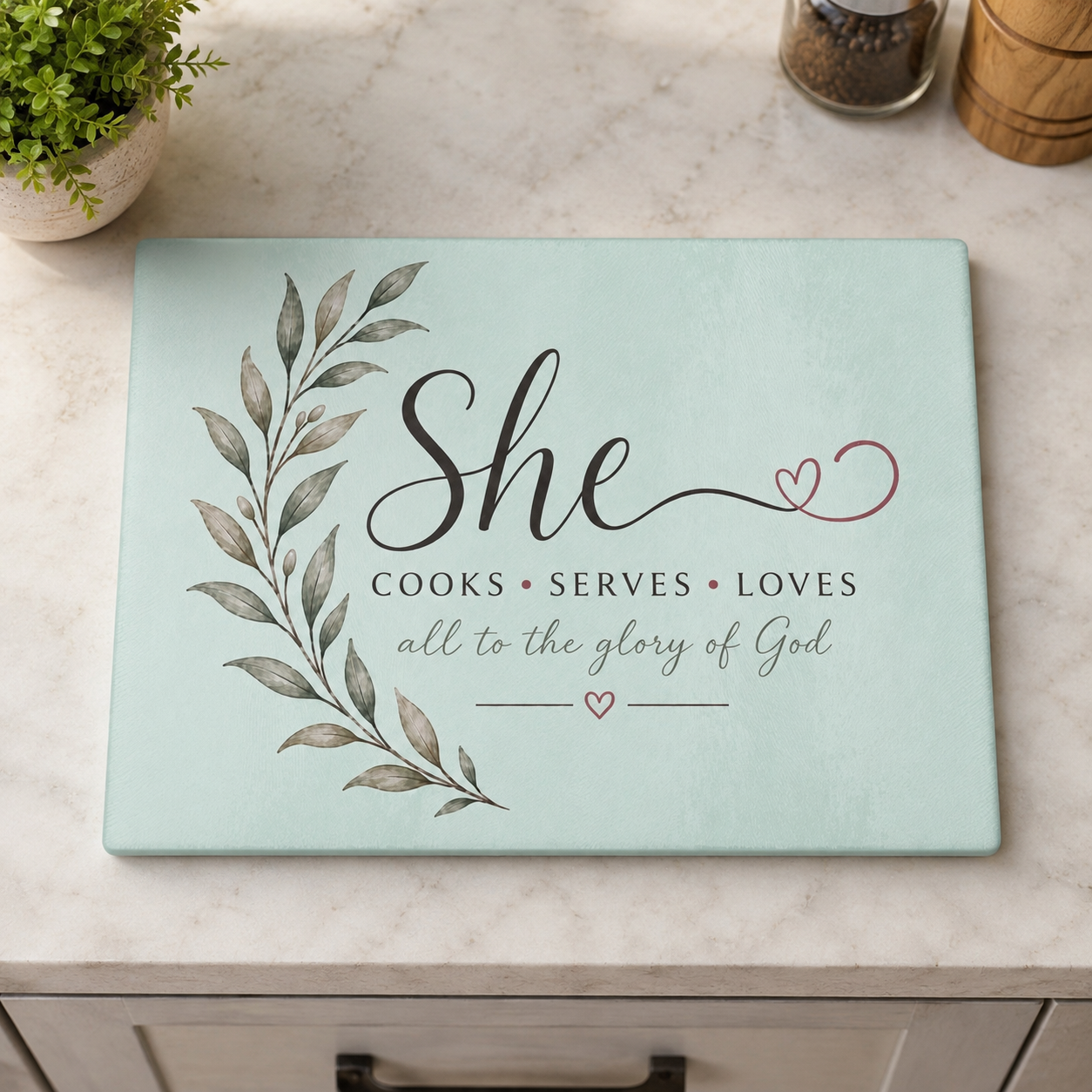 She Cooks Serves Loves glass cutting board | Faith Kitchen Decor