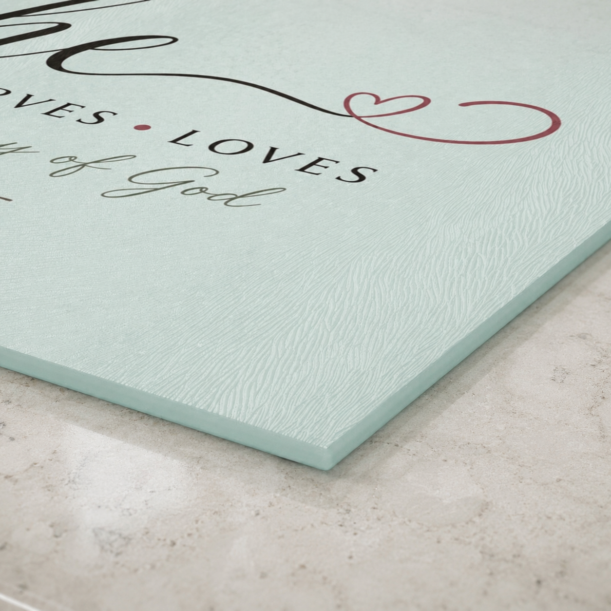 She Cooks Serves Loves glass cutting board | Faith Kitchen Decor