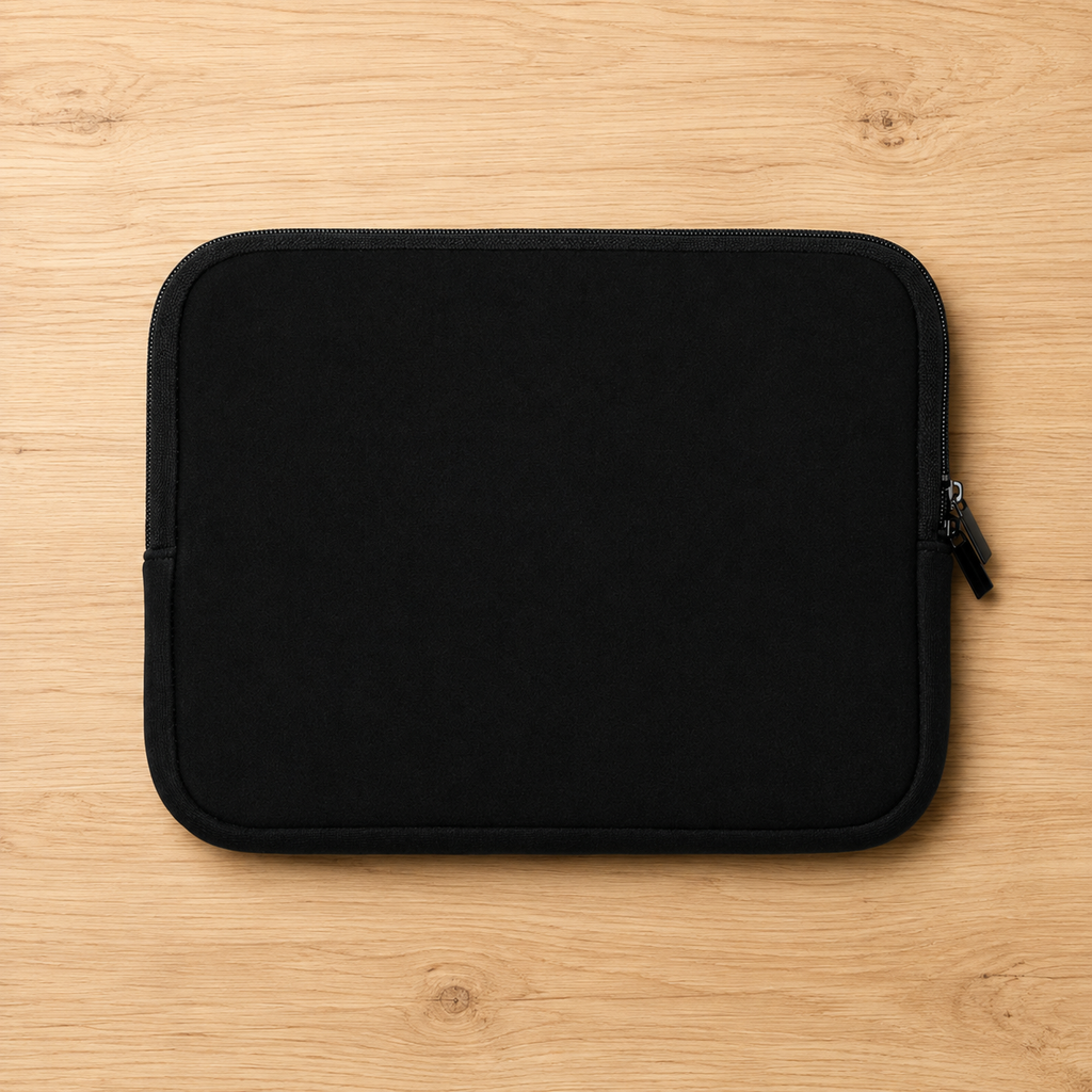 A black neoprene laptop sleeve with a zipper closure, laid flat on a light wood grain surface | Faithful Finds