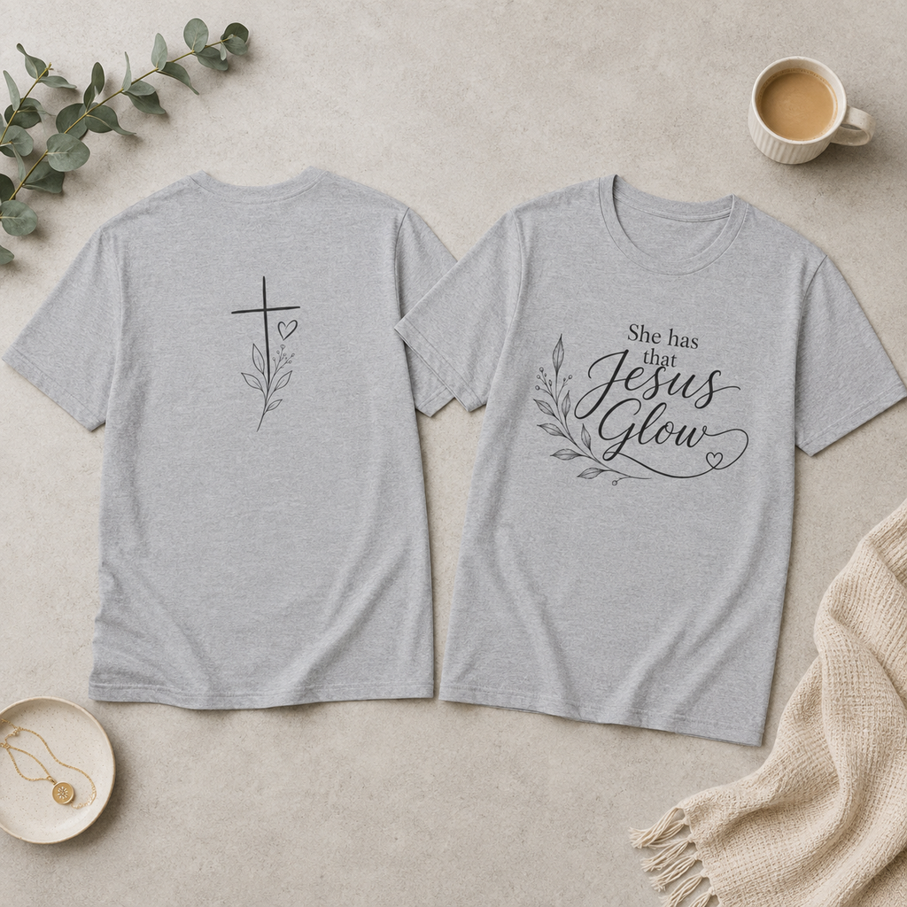 Two light heather gray short-sleeve T-shirts shown flat on a light beige surface, with the front and back designs visible. The left shirt has a black cross with a small heart and branch motif on the back | Faithful Finds