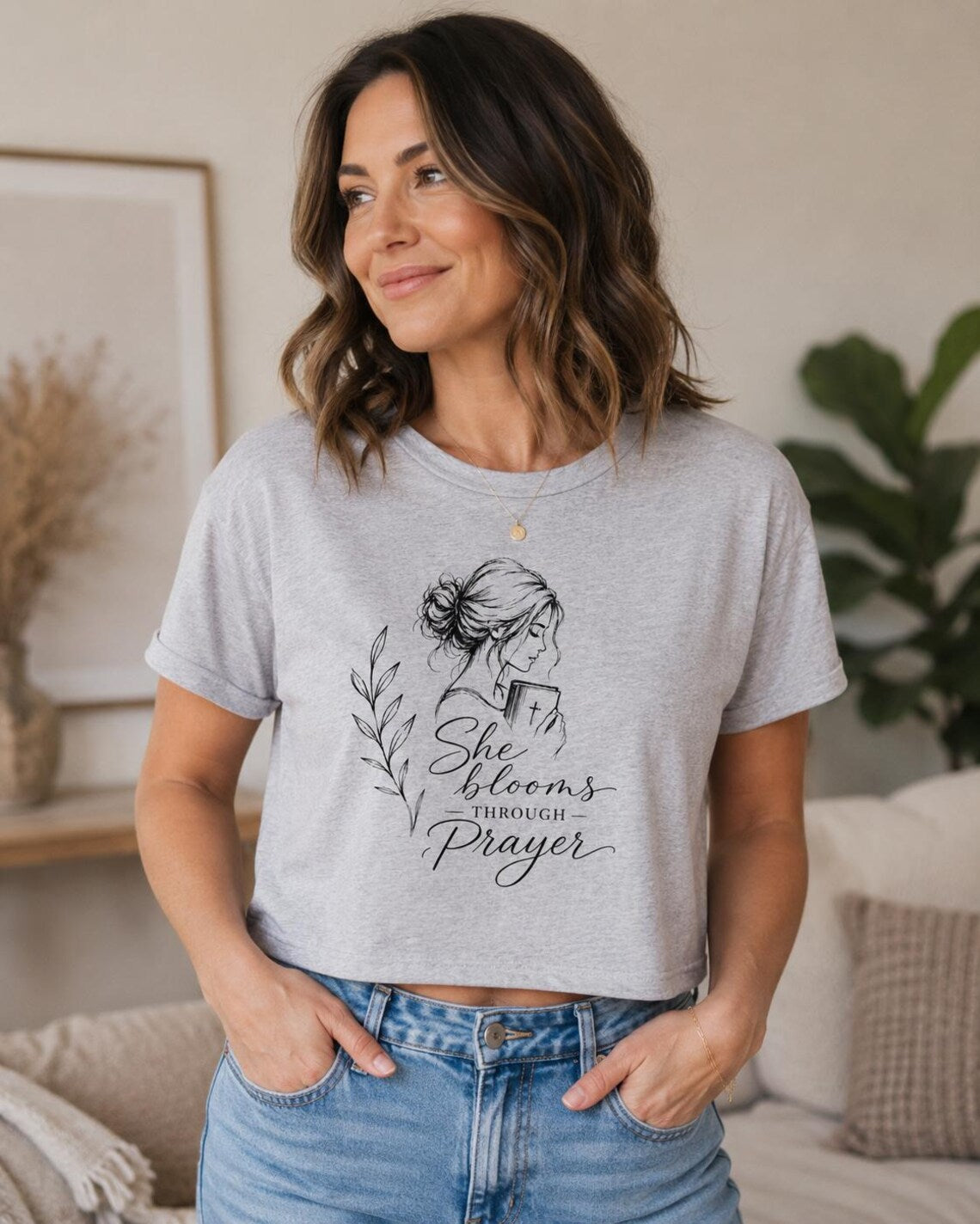 Prayer Floral Baby Tee — "She Blooms Through Prayer" Women’s Crop Top