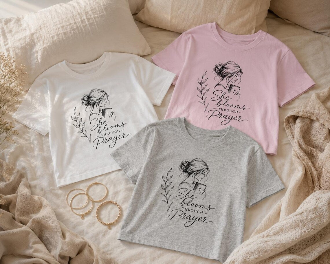 Prayer Floral Baby Tee — "She Blooms Through Prayer" Women’s Crop Top