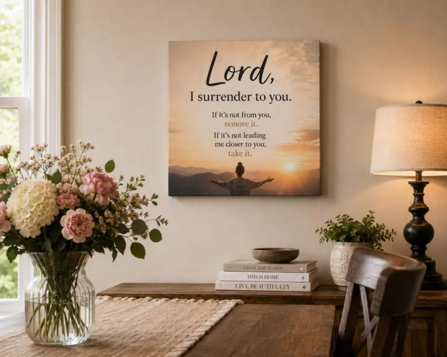 Christian Wall Art Canvas — "Lord, I Surrender to You" Inspirational Sunrise