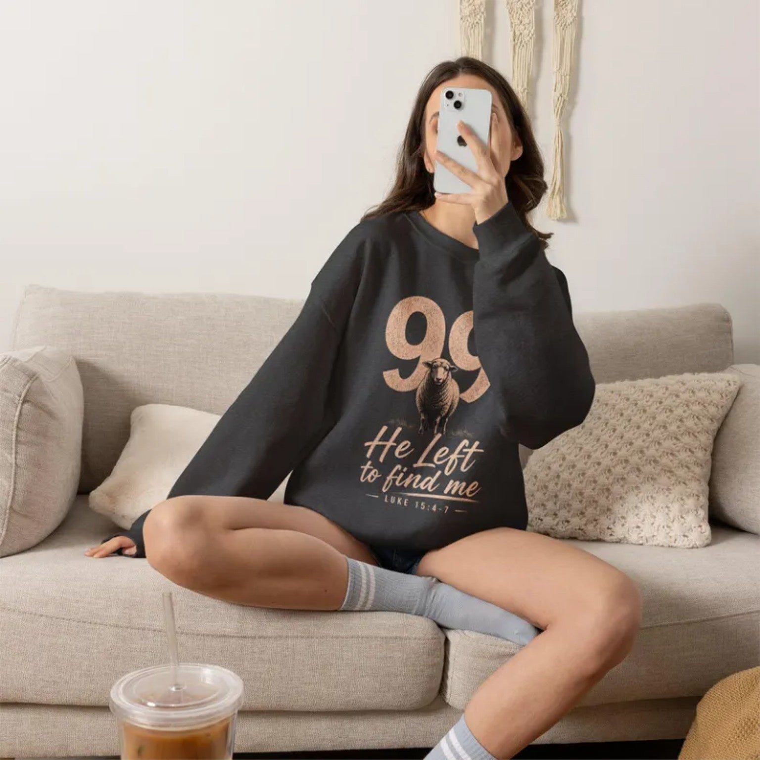 99 He Left to Find Me Sweatshirt | Luke 15:4-7 Christian Shepherd Design