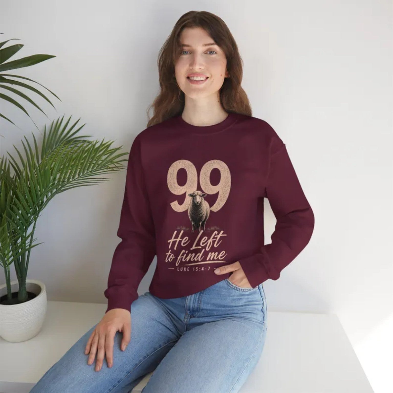 99 He Left to Find Me Sweatshirt | Luke 15:4-7 Christian Shepherd Design