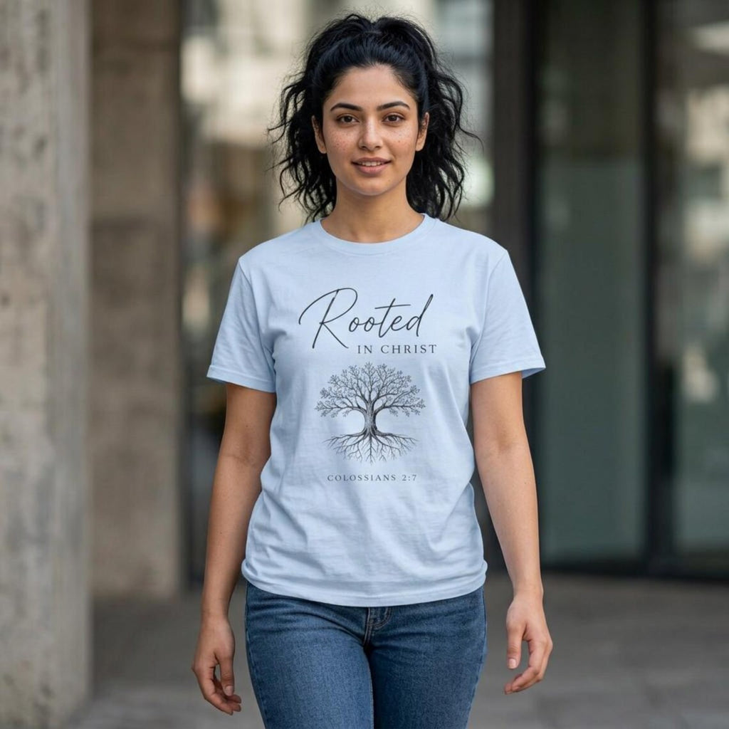 Rooted in Christ T‑Shirt — Faith Tree Design (Colossians 2:7)