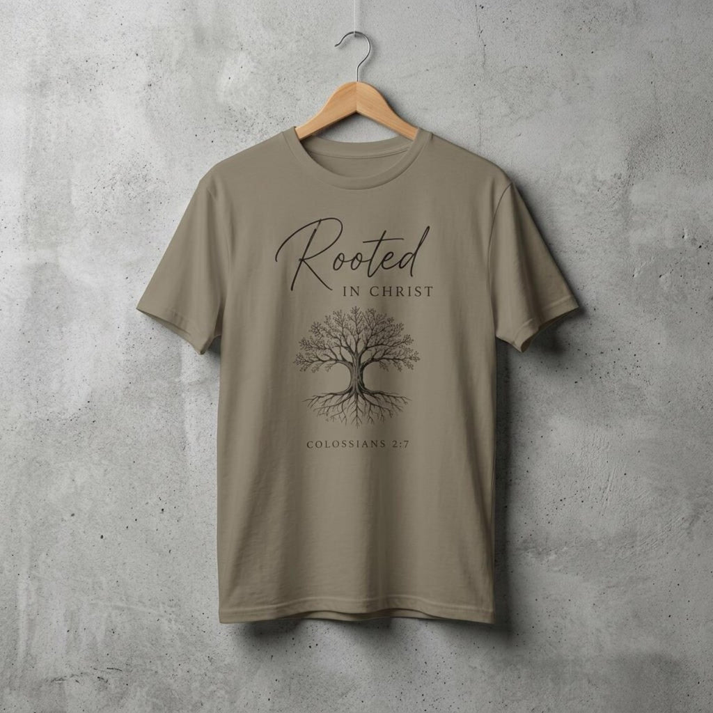 Rooted in Christ T‑Shirt — Faith Tree Design (Colossians 2:7)