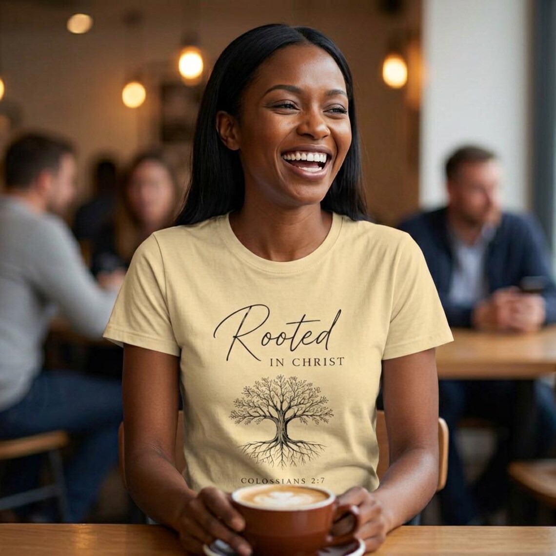 Rooted in Christ T‑Shirt — Faith Tree Design (Colossians 2:7)