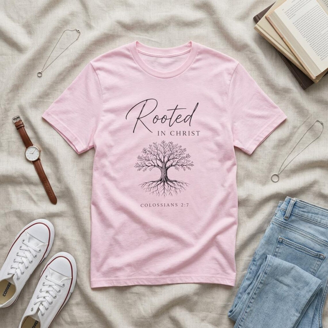 Rooted in Christ T‑Shirt — Faith Tree Design (Colossians 2:7)