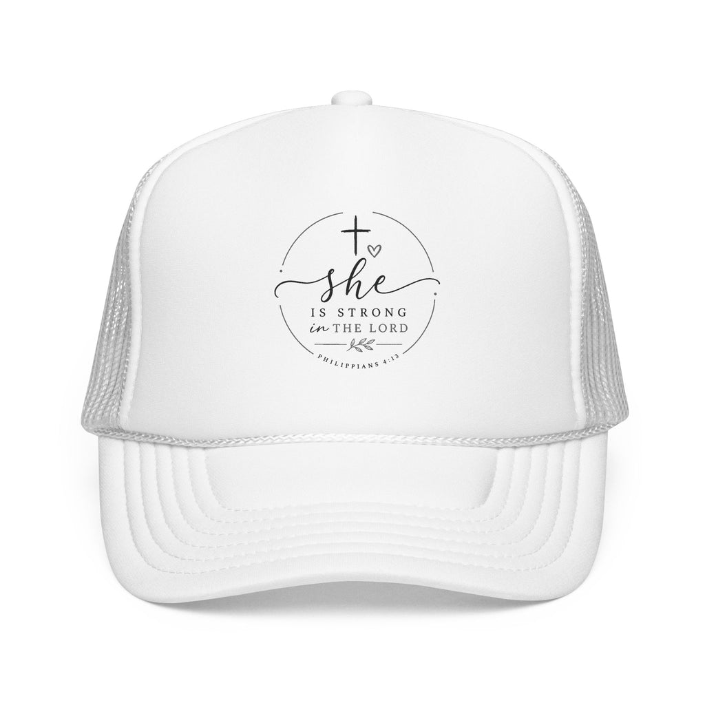 She Is Strong In The Lord Foam Trucker Hat | Christian Faith Mesh Cap