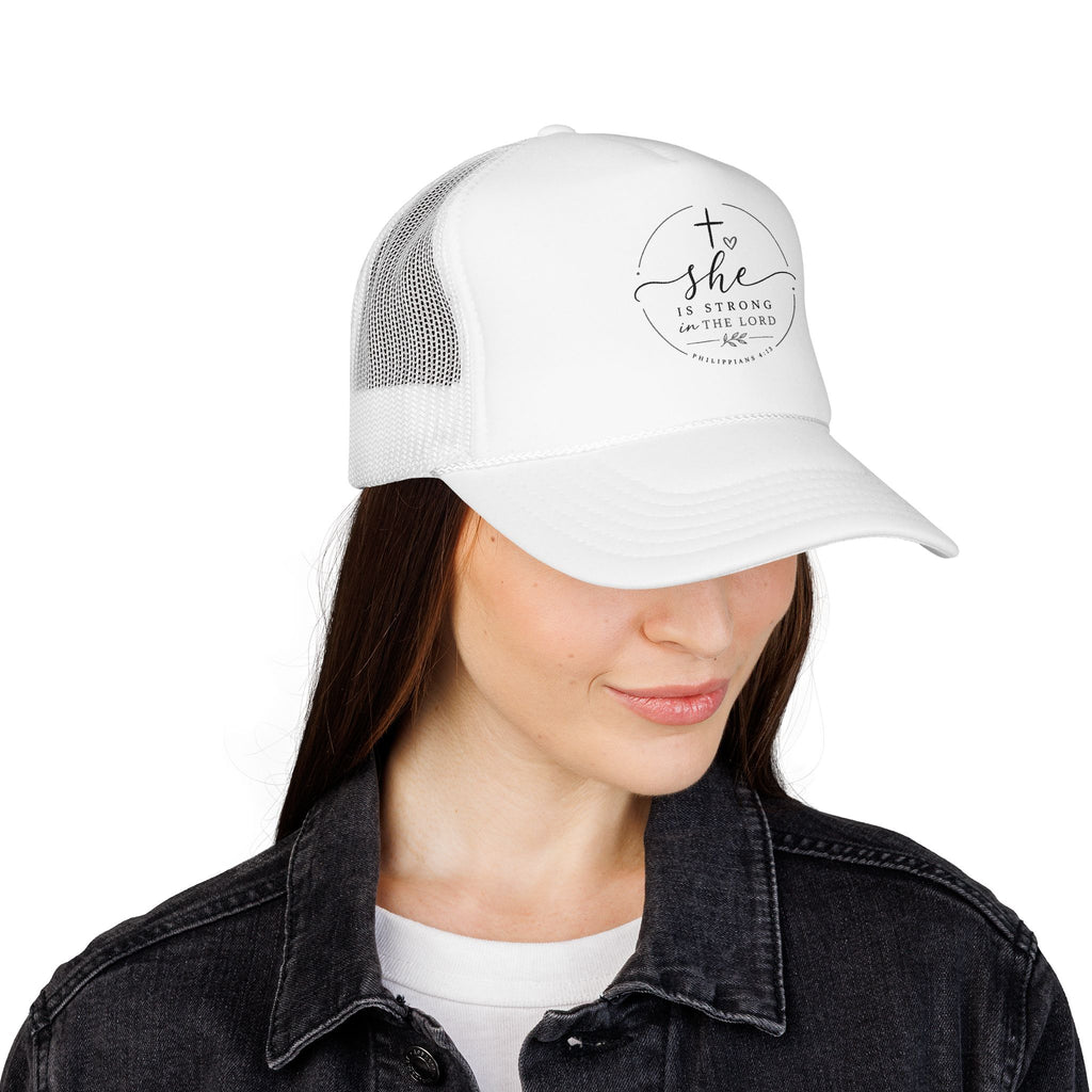 She Is Strong In The Lord Foam Trucker Hat | Christian Faith Mesh Cap