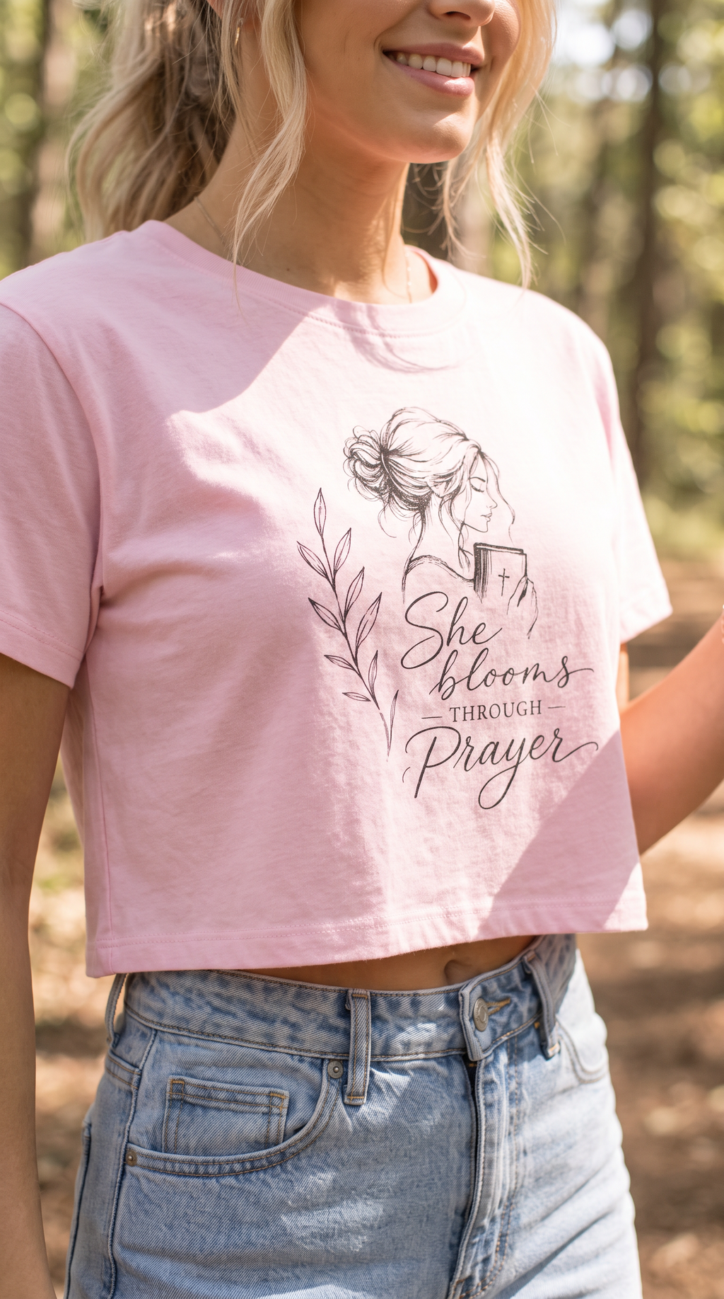 She Blooms Through Prayer | Christian Floral Crop Tee | Stylish Faith Wear for Women