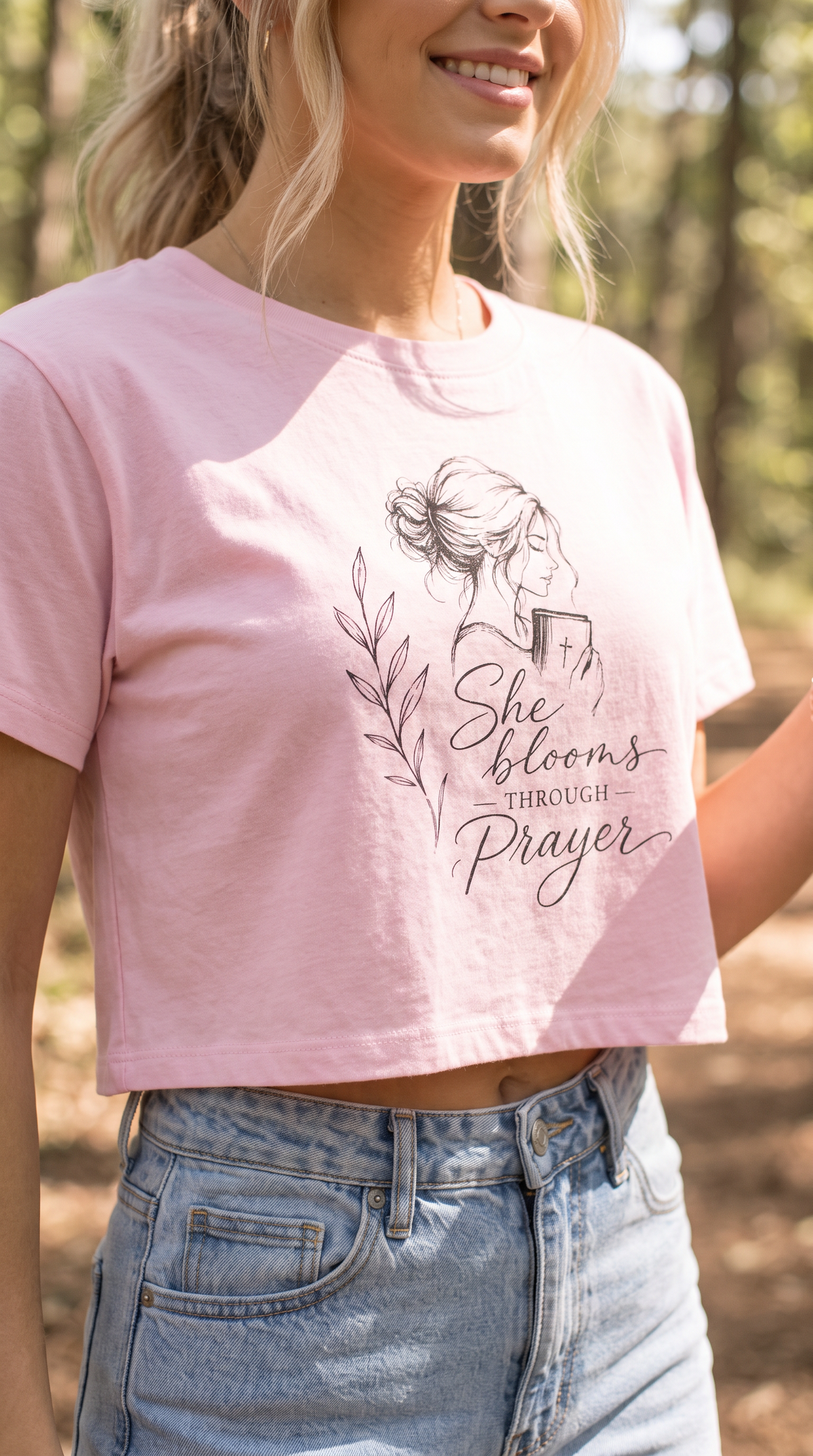 She Blooms Through Prayer | Christian Floral Crop Tee | Stylish Faith Wear for Women