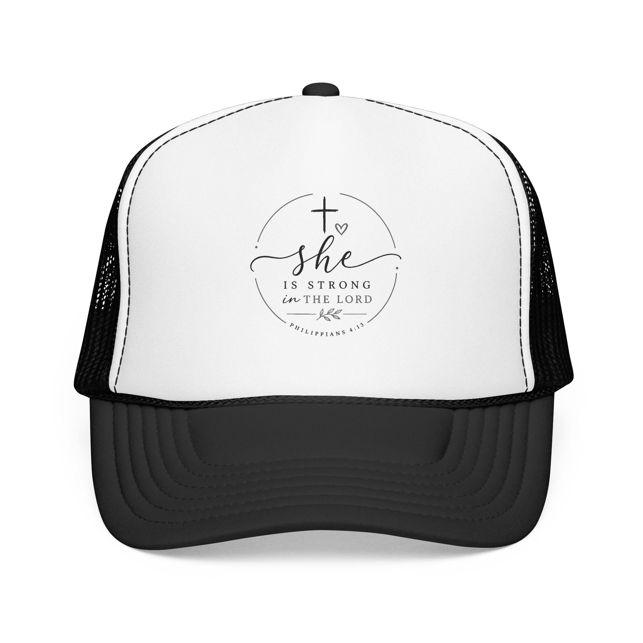 She Is Strong In The Lord Foam Trucker Hat | Christian Faith Mesh Cap