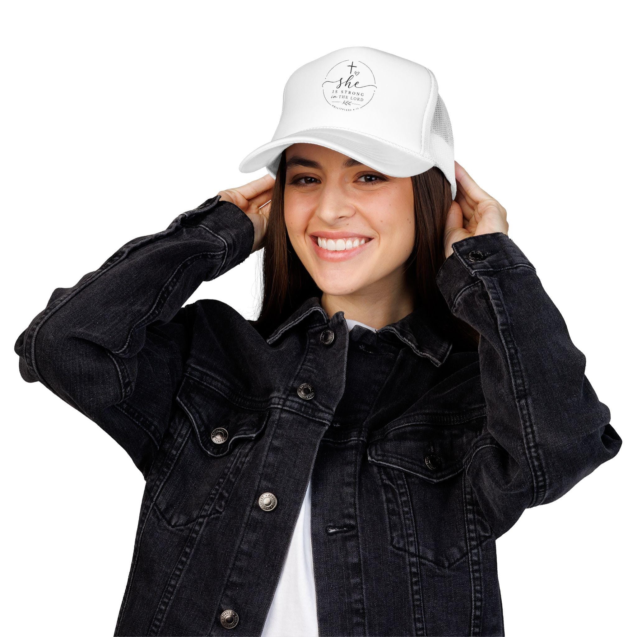 She Is Strong In The Lord Foam Trucker Hat | Christian Faith Mesh Cap