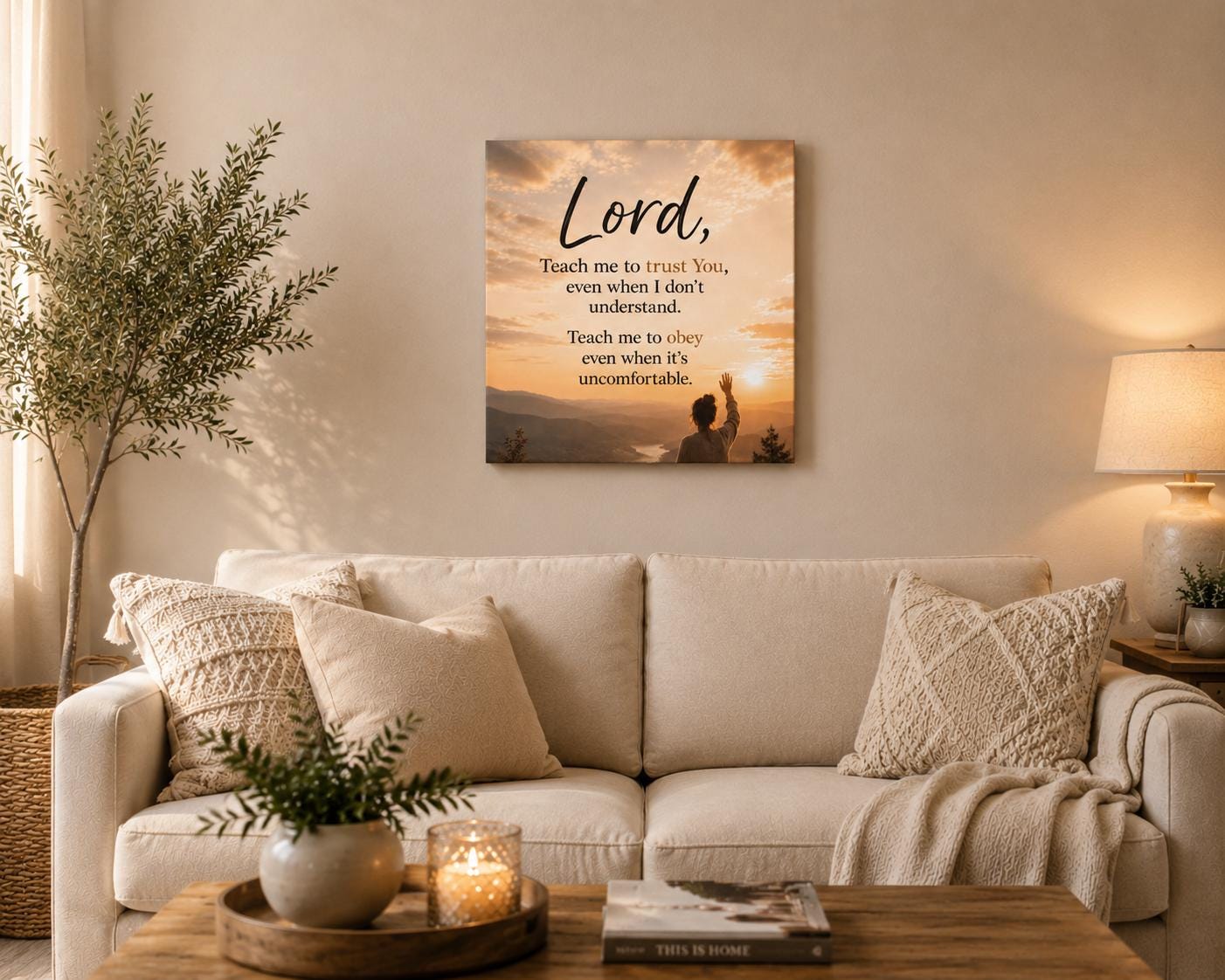 Matte stretched canvas with 'Lord Teach Me to Trust You' prayer text in soft script on a calm neutral background.