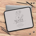 Black neoprene laptop sleeve with Proverbs 31:25 faith verse in elegant script on the front panel.