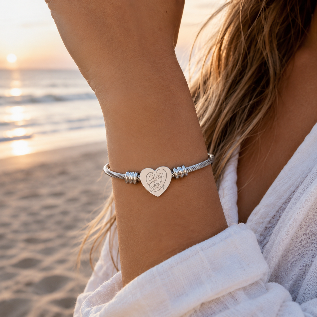 Child of God Heart Cuff Bracelet — Personalized Silver Cable Bangle for Gifts & Anniversaries