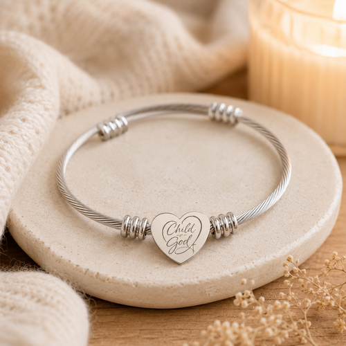 Child of God Heart Cuff Bracelet — Personalized Silver Cable Bangle for Gifts & Anniversaries