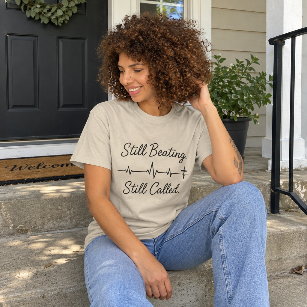 Still Beating. Still Called. | Christian Heartbeat Cross Tee | Faith Gift for Her