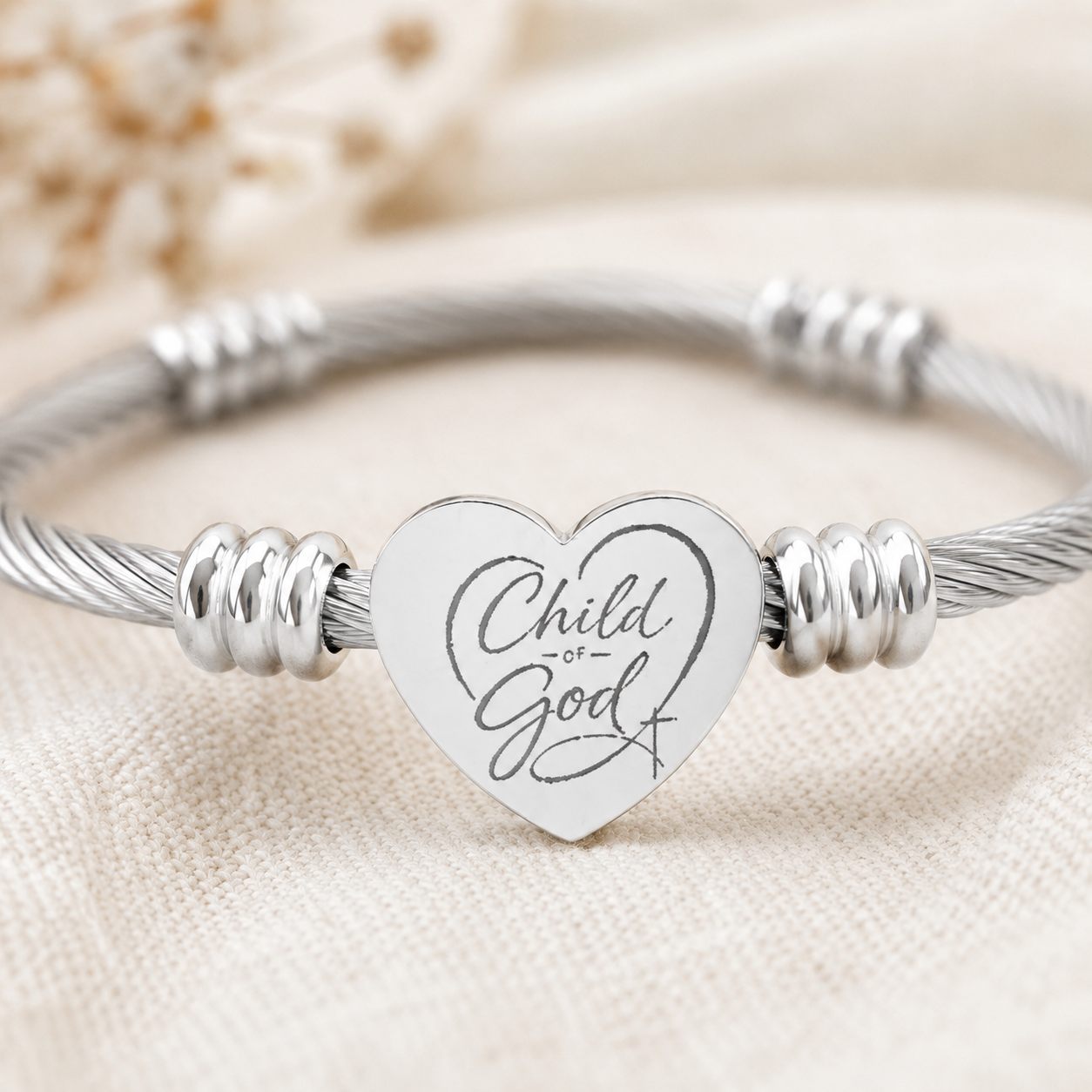 Child of God Heart Cuff Bracelet — Personalized Silver Cable Bangle for Gifts & Anniversaries
