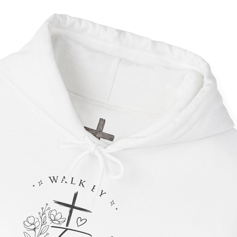 White Walk By Faith hoodie — back view of Christian women's sweatshirt with DTG printed faith design | FaithfulFindsNZ