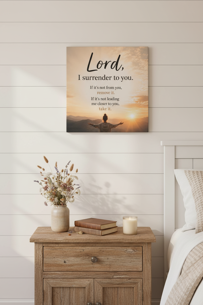 Lord I Surrender to You prayer canvas styled in a cosy cottage bedroom with dried wildflowers and a leather Bible